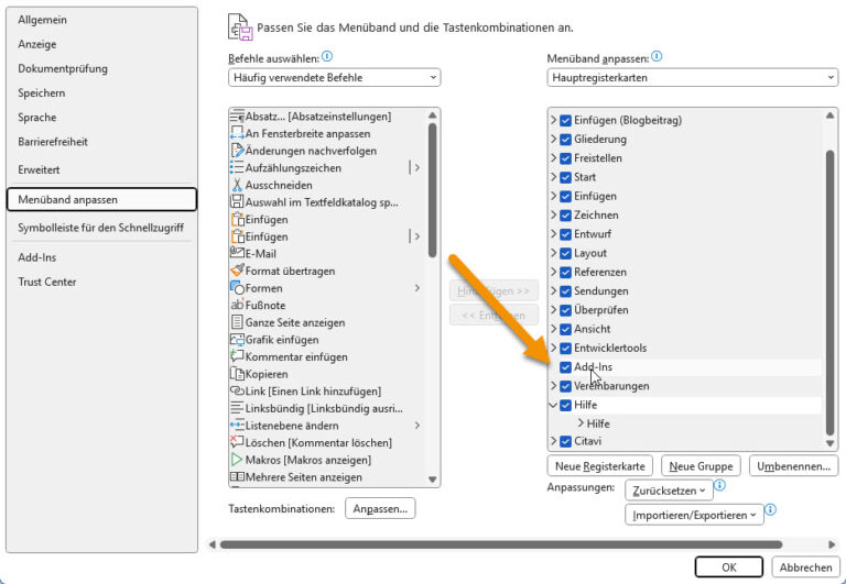 ein Pfeil, der auf die Stelle zeigt, wo man das Add-in für Citavi in den Word Optionen aktiviert