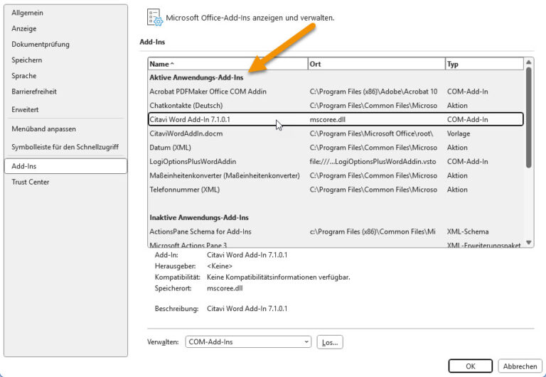 Pfeil auf die Stelle in Word wo das Citavi Add-in aktiv gezeigt wird