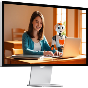 Monitor mit Studentin die neben einem freundlichen KI Roboter sitzt