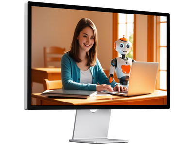 Monitor mit Studentin die neben einem freundlichen KI Roboter sitzt