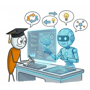 WeKnow Stickyperson arbeitet an einem schwebenden Monitor mit einem freundlichen Bot Agenten zusammen